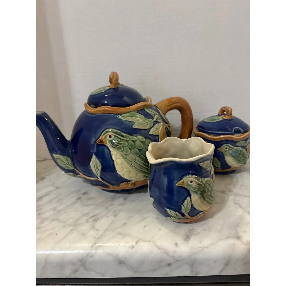 Vtg Majolica Blue Green Partridge and Pear Ceramic Teapot Creamer Sugar 5 pc